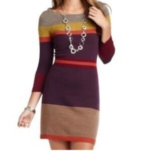 Loft Striped Sweater Dress Womens Petite Purple Yellow Orange 3/4 Sleeve Scoop M